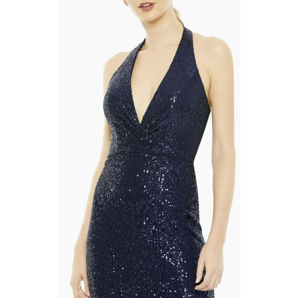 Mac Duggal Navy Sequins Halter Backless Maxi Formal Gown Dress Size 6 NEW - Picture 1 of 9